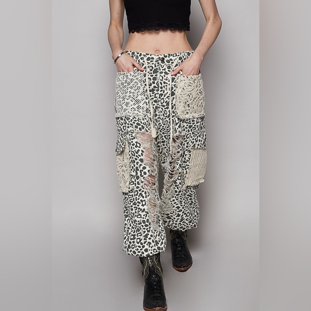 PB20 POL Leopard Print Wide Leg Pants with Crochet